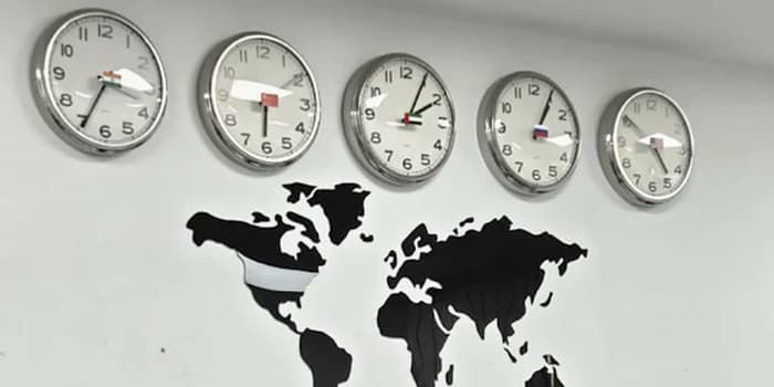 The world-clock wall on the MHBC office floor