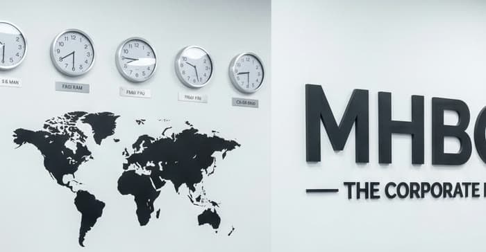 The MHBC wordmark beside the clock wall