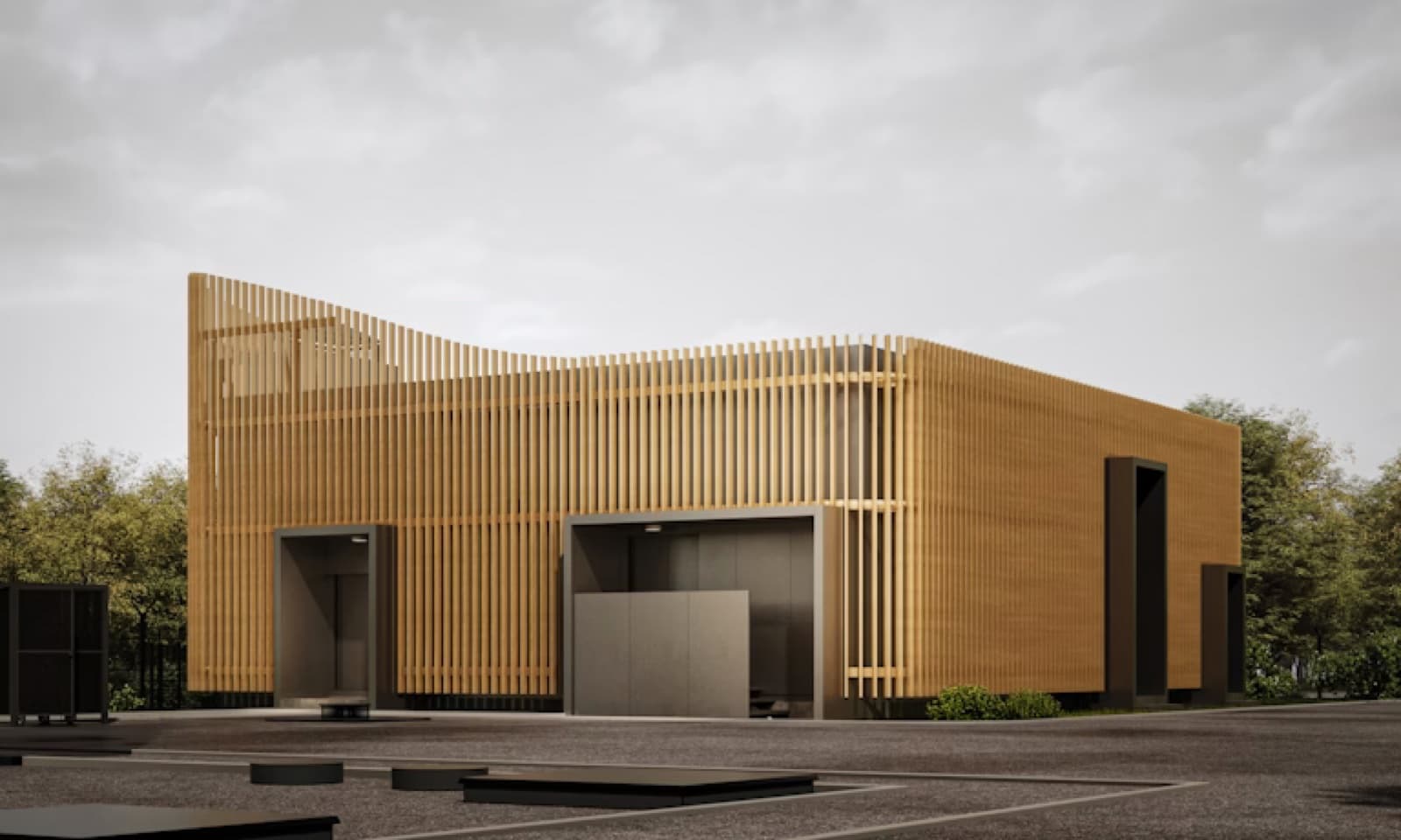 A timber-battened utility building on a paved service yard