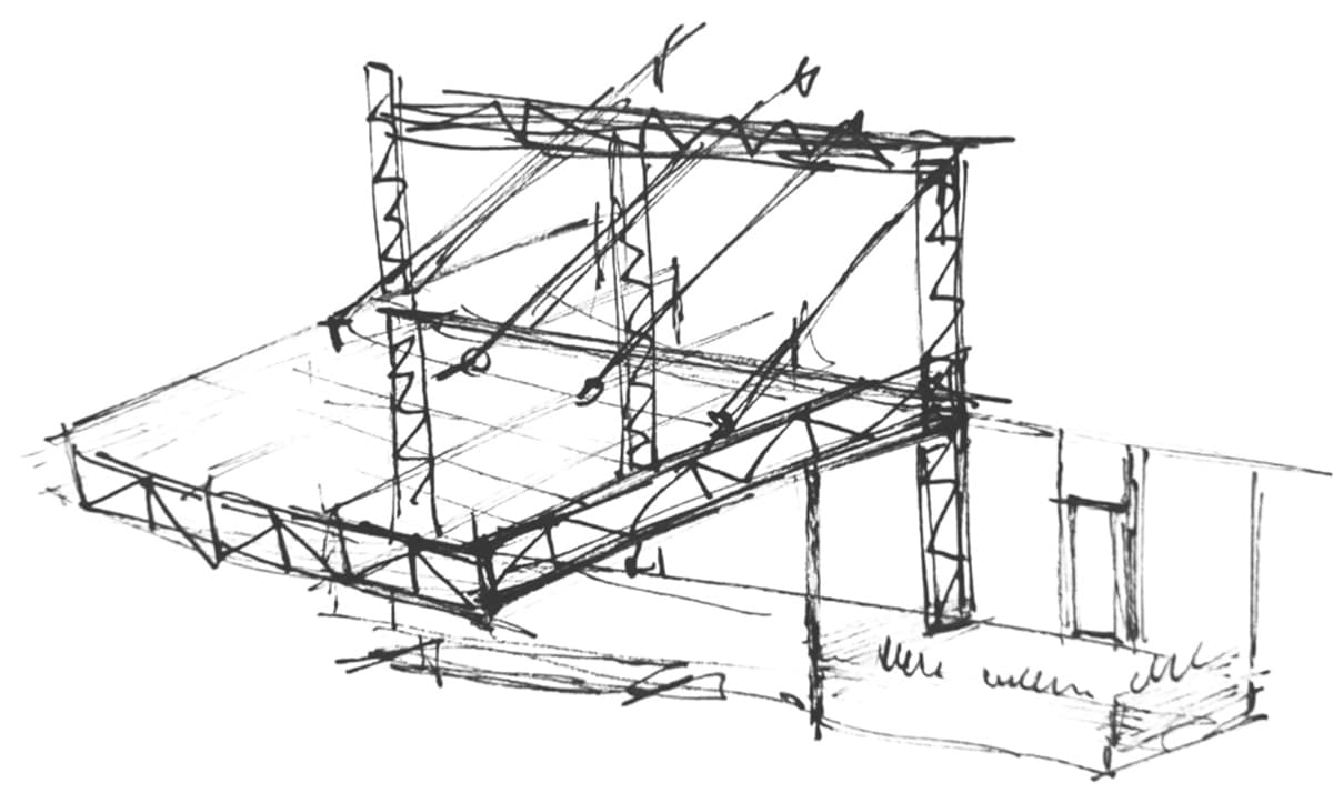 An architectural line sketch of a canopied structure