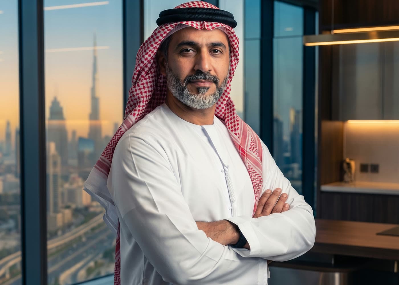 A senior executive standing in a meeting room overlooking a city skyline.