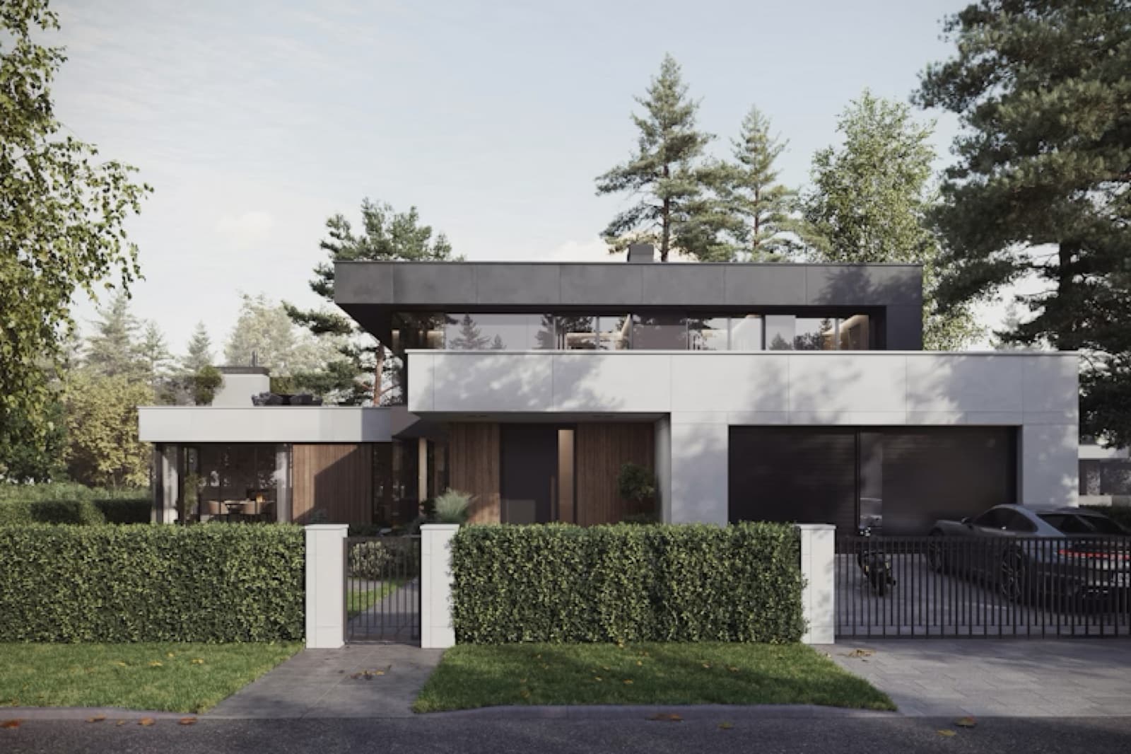 A modern white and dark-timber house behind a clipped hedge