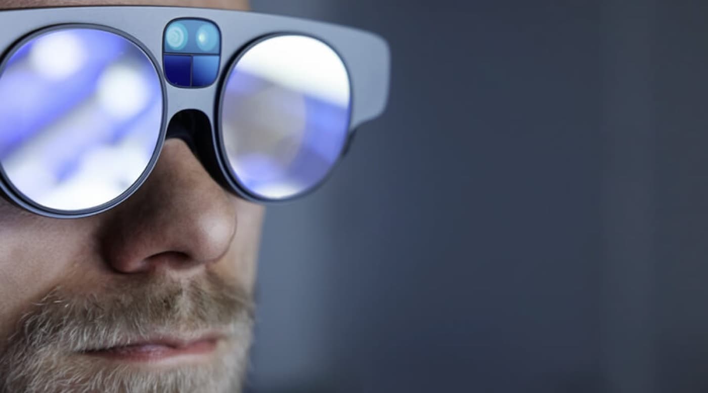 A close view of technical eyewear reflecting instrumentation readouts