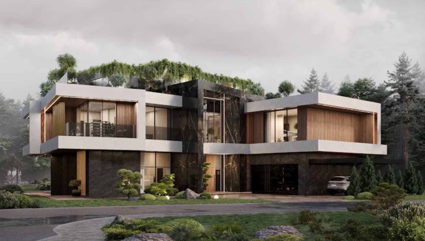 A low modern villa with planting running across its roofline