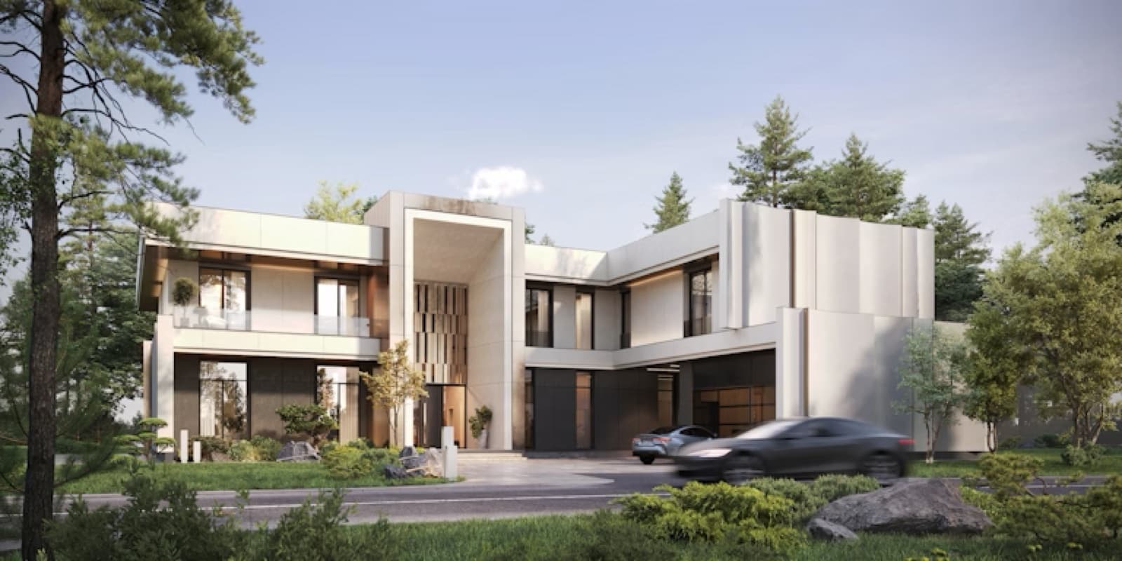 A large modern white residence set among pine trees