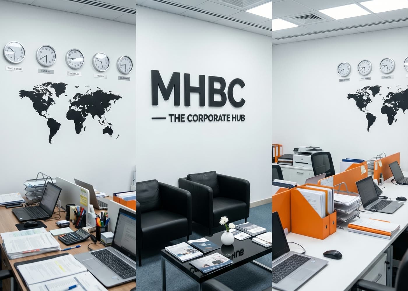 An office interior with desks, filing and wall clocks set to several time zones.