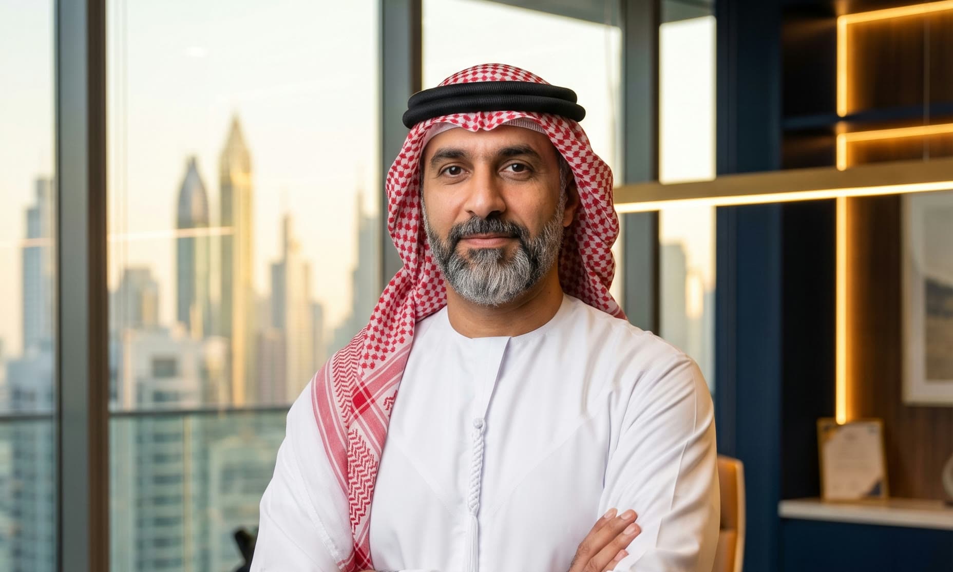A businessman in a kandura in an office at sunset, the Dubai skyline through the window.