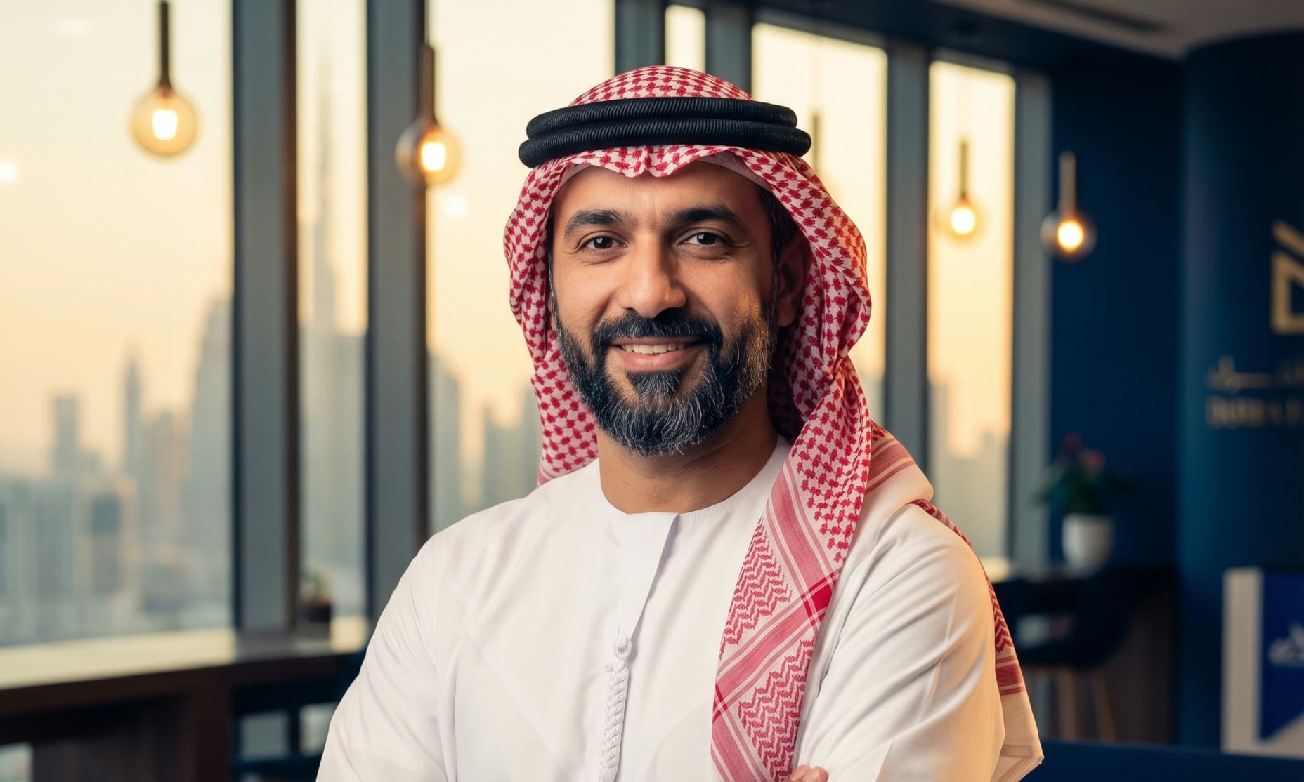 A businessman in a kandura in a warmly lit office overlooking the city.