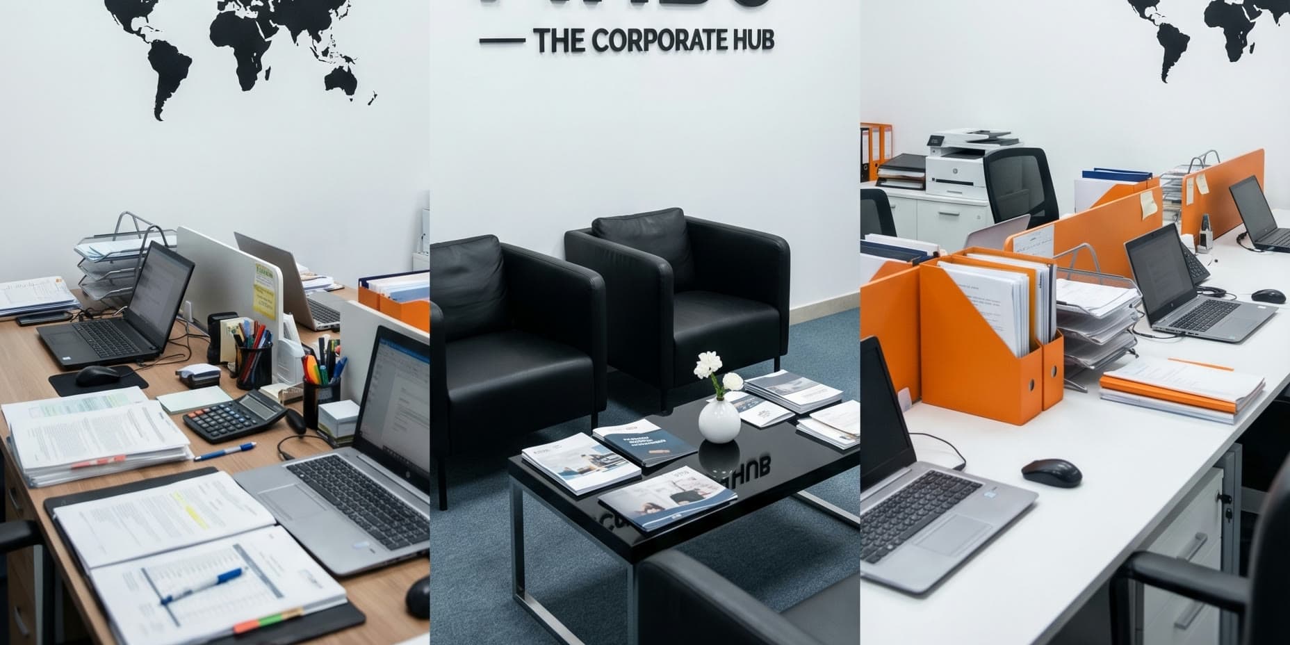 The MHBC office — the company wall sign between world maps, above desks in use.