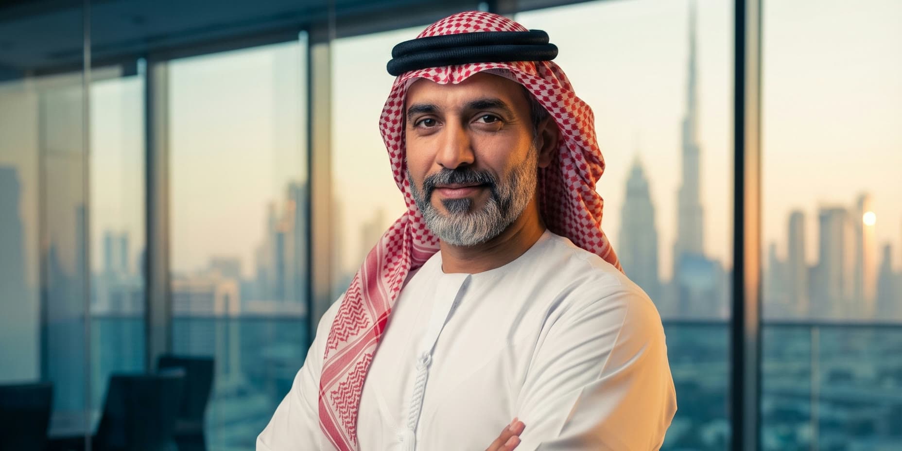 A businessman in a kandura in an office above the Dubai skyline, the Burj Khalifa behind him.
