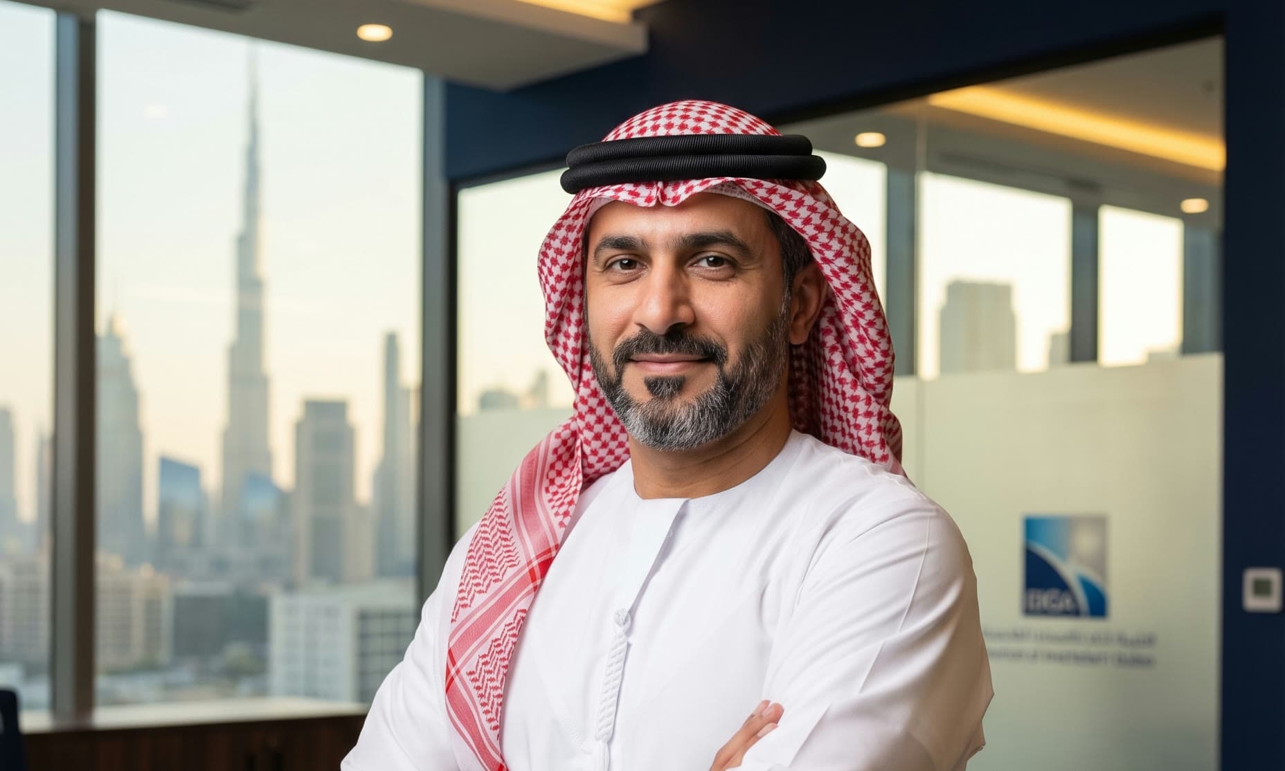 A businessman in a kandura in an office, the Dubai skyline and meeting chairs behind him.