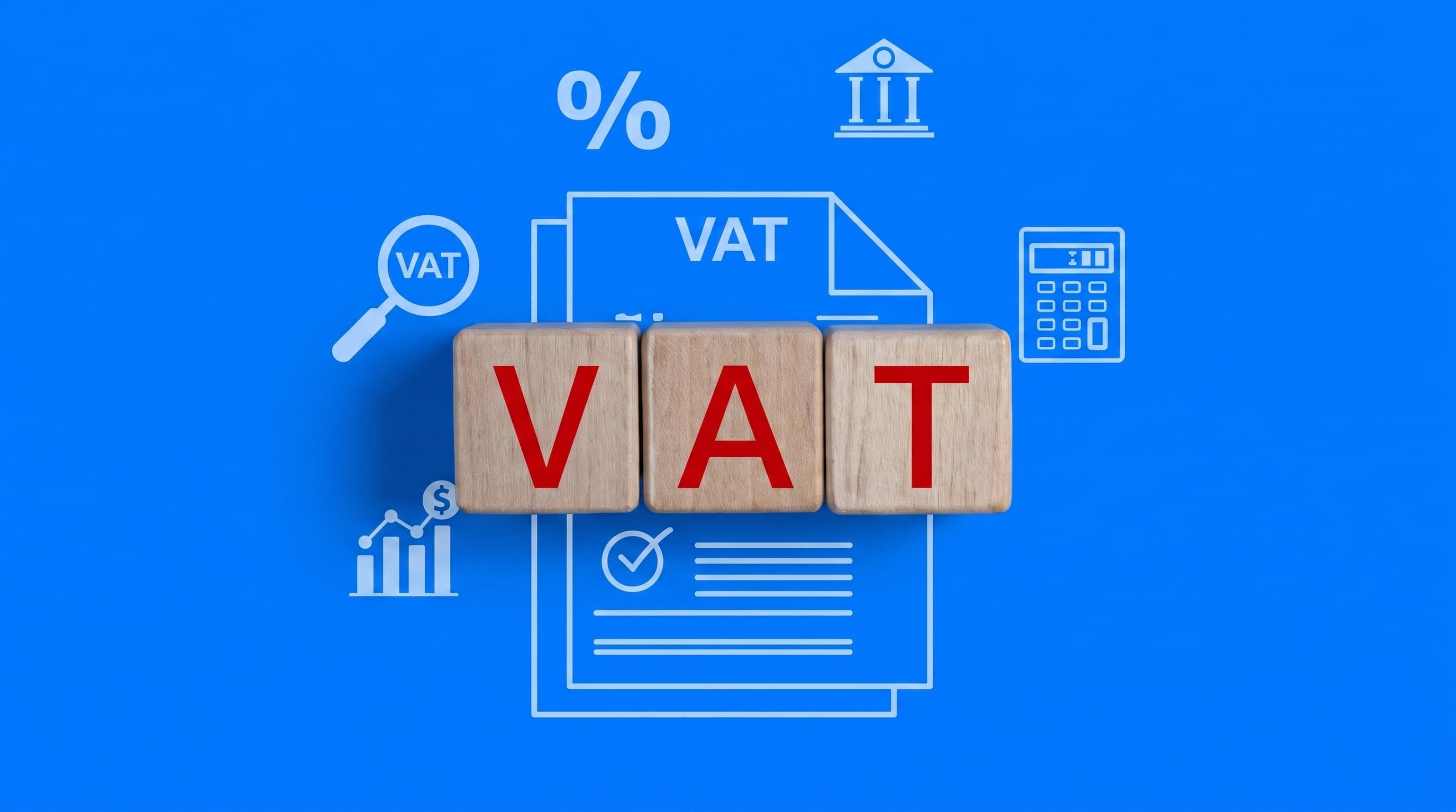 Wooden blocks spelling VAT against a blue background with tax and finance icons.