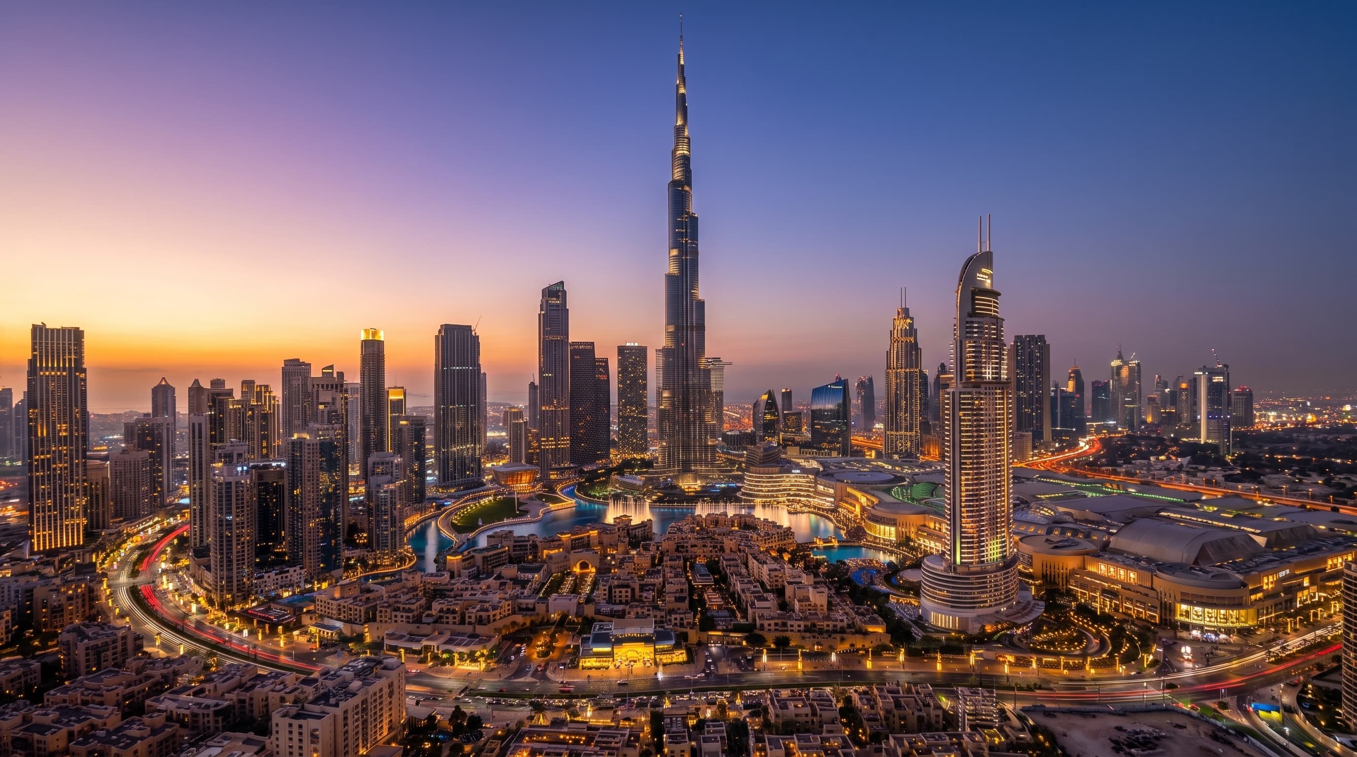 The Dubai skyline at dusk, the Burj Khalifa lit above Downtown Dubai.